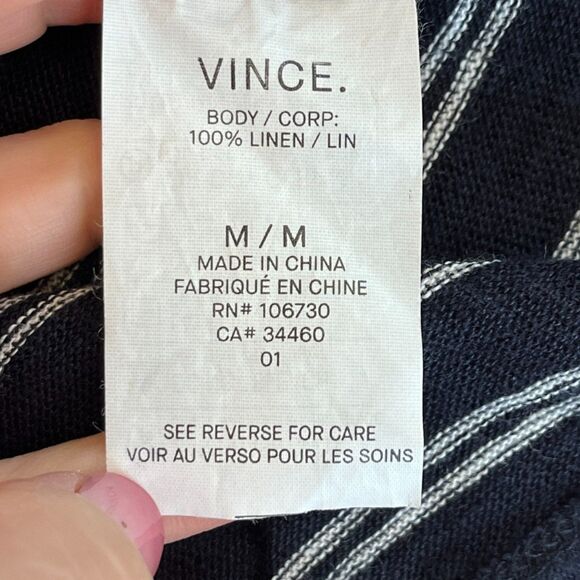 Vince Medium Navy White Striped Linen T-Shirt Roll Cuff Summer Nautical French - Picture 6 of 9